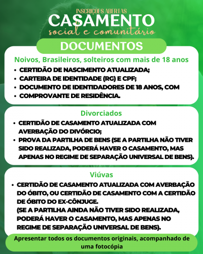 PREFEITURA MUNICIPAL DE NOVA FLORESTA ABRE INSCRIÇÕES PARA CASAMENTO SOCIAL E COMUNITÁRIO 2024
