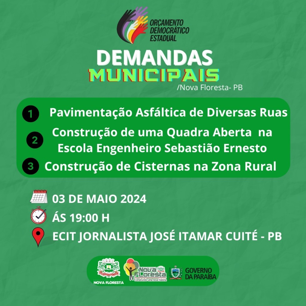 A Prefeitura Municipal de Nova Floresta convida toda a população para o Orçamento Democrático Estadual 2024